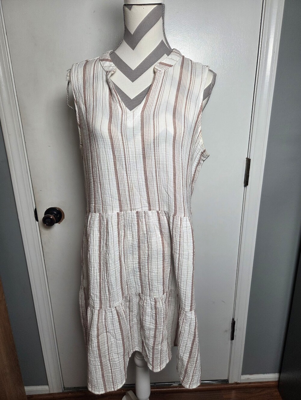 Falls Creek Women's beige and white striped Sleeveless dress Size L